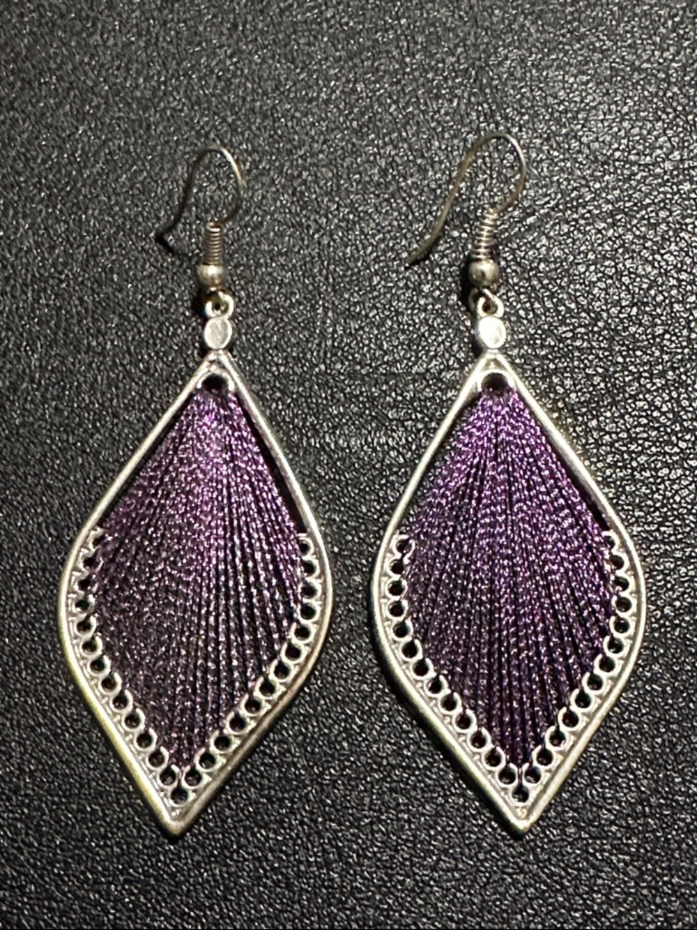 Metallic Purple Threaded Drop Silver Tone Vintage Earrings